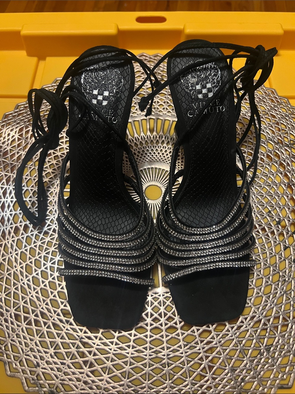 Vince Camuto Black Rhinestone Lace-Up Heeled Sandals
